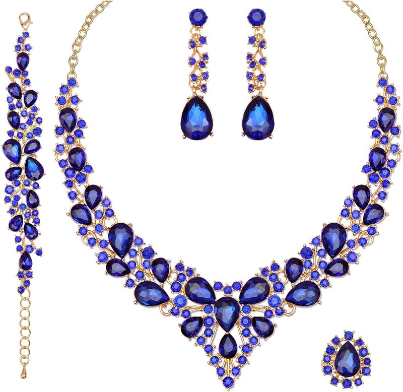 CSY 4 Pcs/Set Austrian Crystal Necklace Earrings Bracelet Ring Bridal Jewelry Sets for Brides Wedding Party Costume Accessories Gifts for Women - Image 1